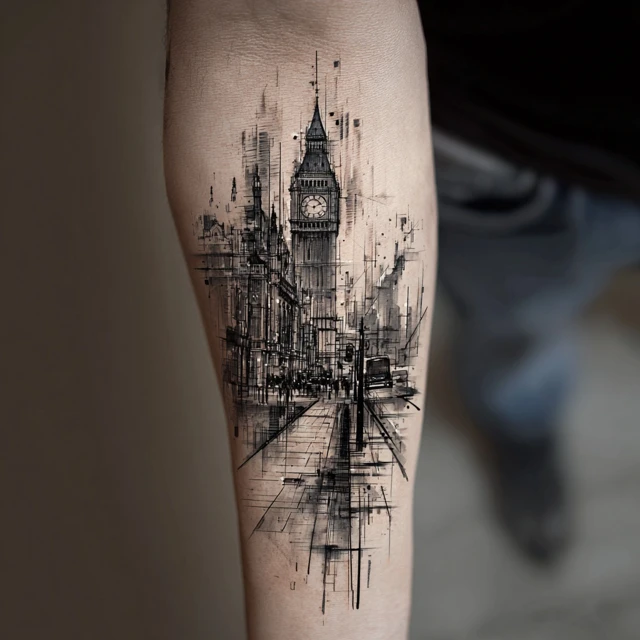 London Tattoo Sketch Big Ben Dramatic Design