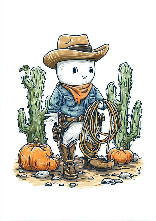 Cute Cowboy Ghost with Lasso Cacti and Pumpkins