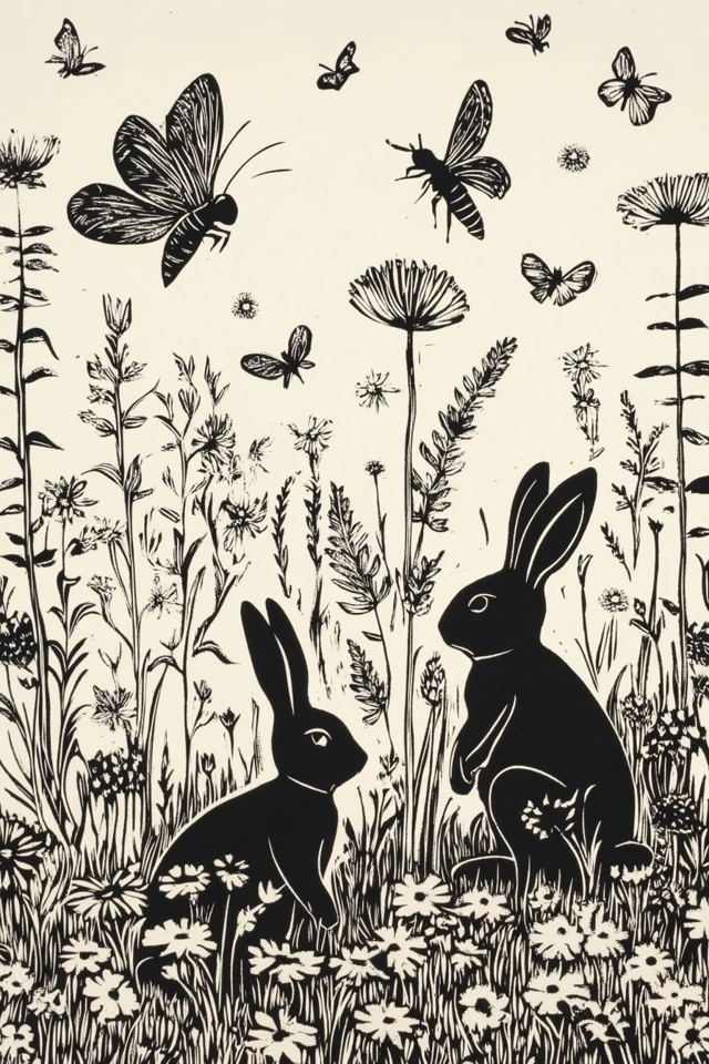 Linocut Meadow Rabbits Bees Butterflies Art