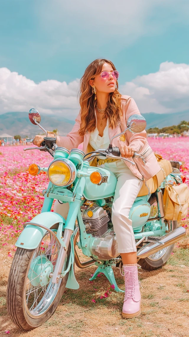 Woman on Moto in Poppy Field: Romantic, Carefree