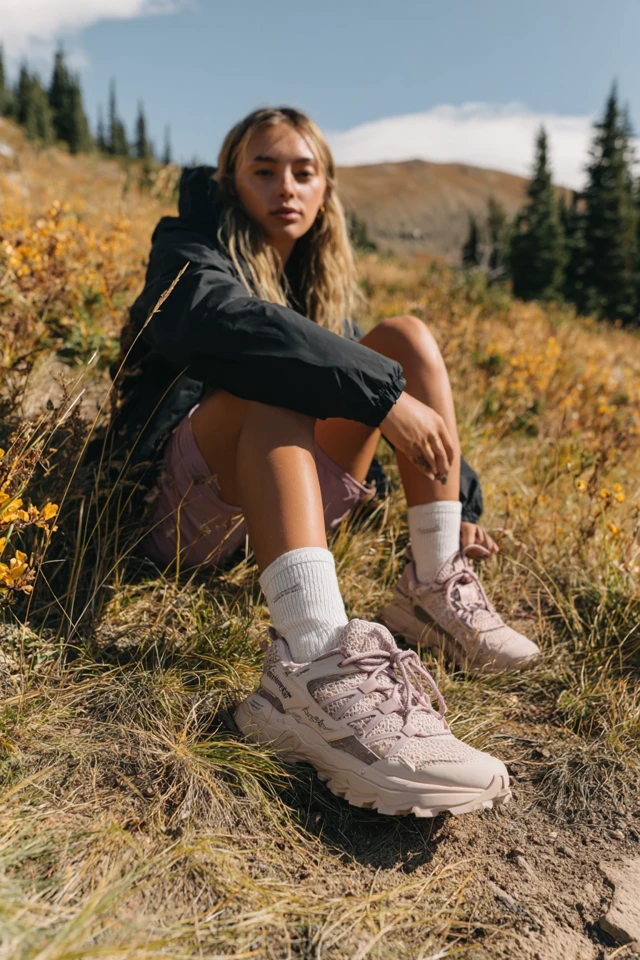 Pink Trail Sneakers in a Mountain Field