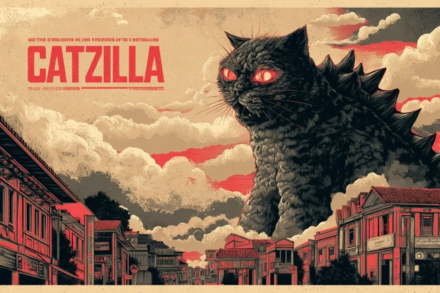 Catzilla Terrorizes George Town Vintage Poster Illustration