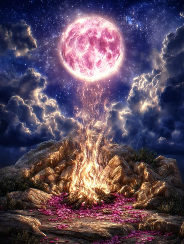 Pink Moon Bonfire Night Sky Surreal Art