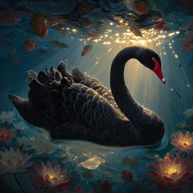 Black Swan on Water with Lotus Blossoms