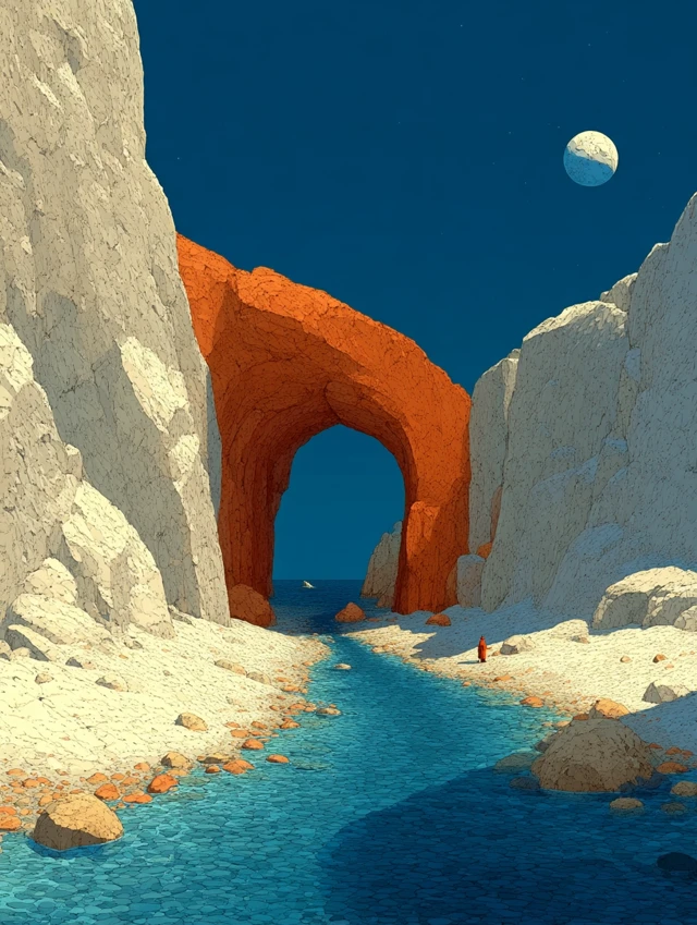 Cave Illustration with Moon and Water Art by Arsenault