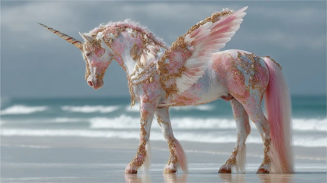 Magical Unicorn Pegasus on the Beach Fantasy Art