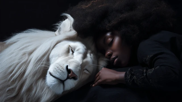 Girl and White Lion Sleeping Realistic Photo