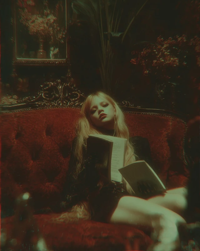 Luxury Photography Blonde Model Red Velvet Black Leather