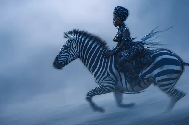 Nymph Riding Zebra Through African Fog