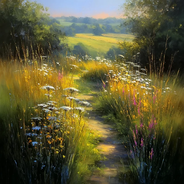 Idyllic Countryside Path Golden Light Landscape Art