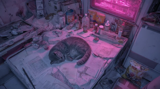 Cyberpunk Cat in a Neon Lit Room