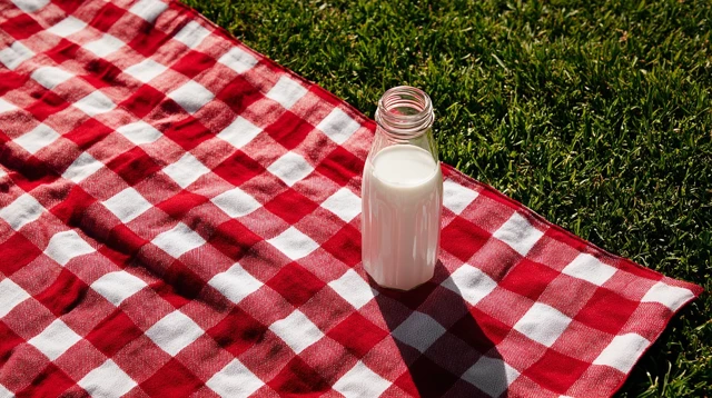 Picnic Scene Milk Bottle Red White Checkered Cloth