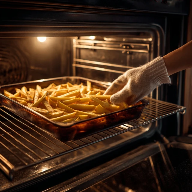 Oven Fries Ready Hand Placing Fries in Oven Realistic Photo