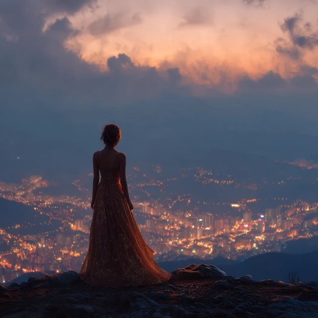 Woman in Evening Dress Overlooking City