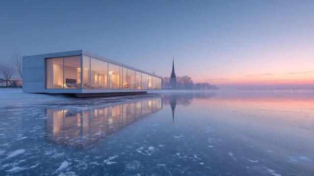 Modern Villa on Frozen Lake at Dawn