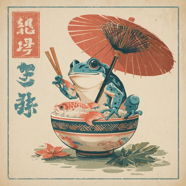 Japanese Frog Retro Poster Illustration