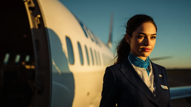 Beautiful Flight Attendant at Sunset Airplane Photo