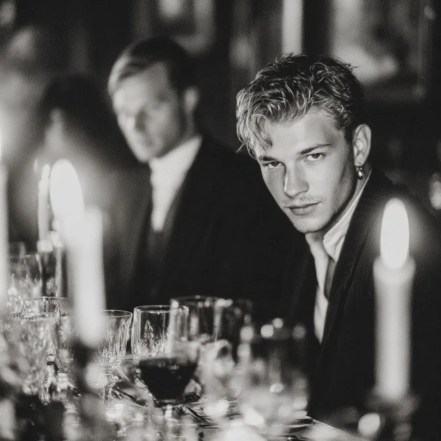 Elegant Young Man Dining in Black and White