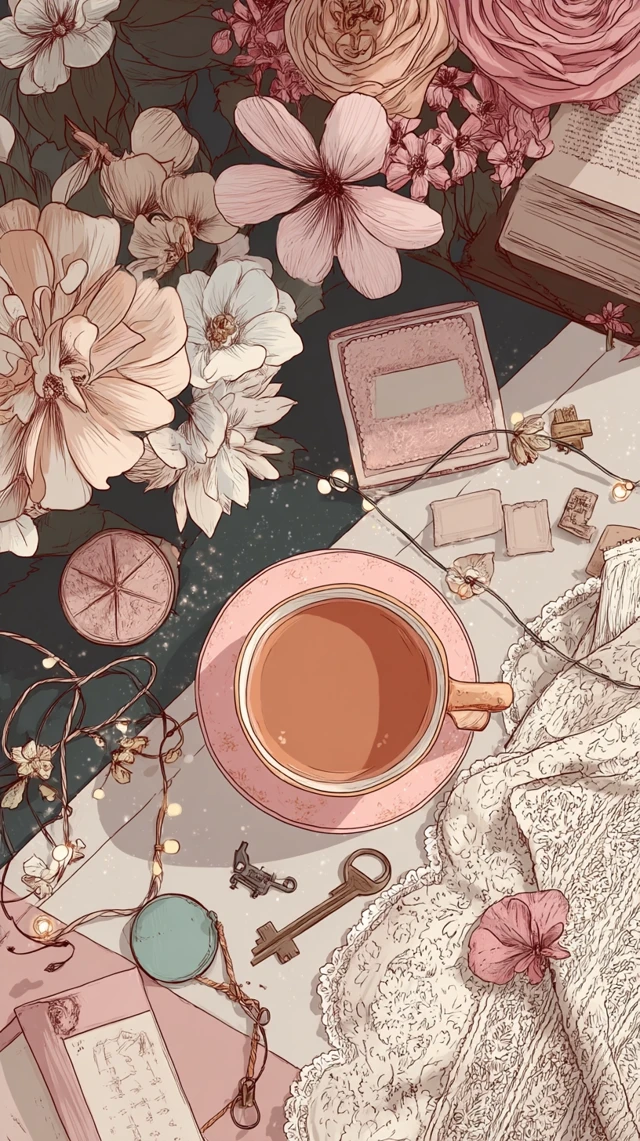 Cottagecore Flatlay Illustration: Flowers Tea and Lace