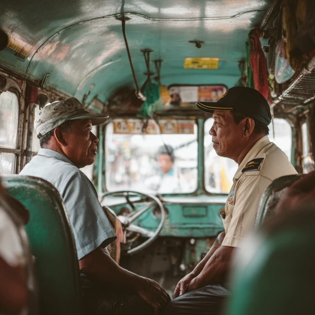 Bus Conductors Discussing Ticket Prices in the Philippines