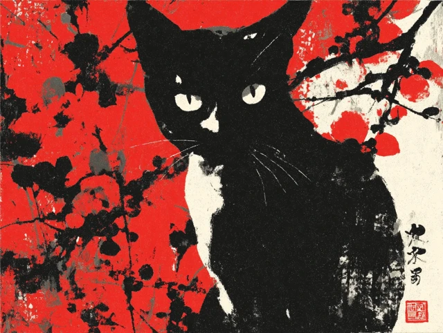 Cute Neko Cat Sumie Painting