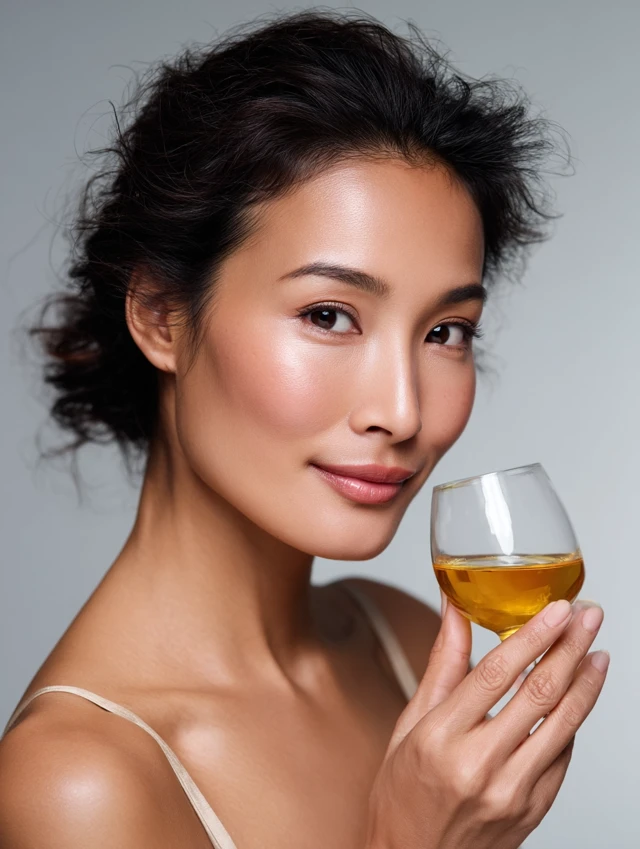 Elegant Asian Woman with Perfect Skin and Tea