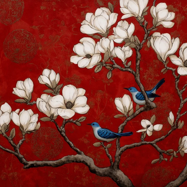 Magnolia Painting Blue Birds Red Background