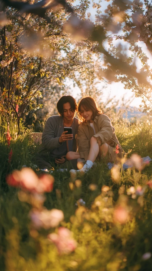 Asian Couple Camping in a Meadow During Golden Hour