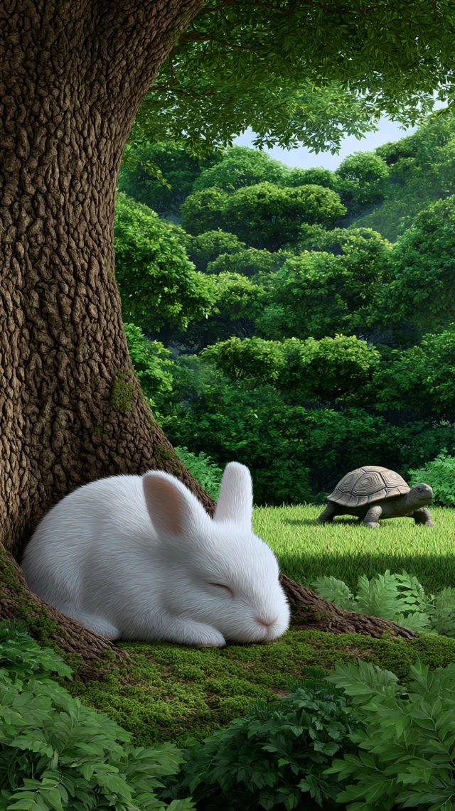 White Rabbit Sleeping Under Tree in Forest