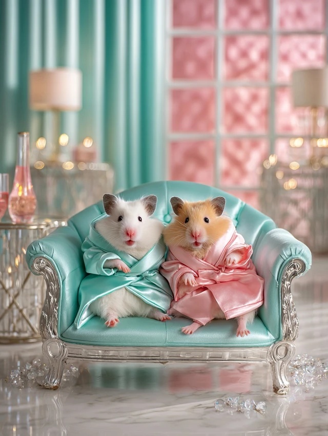 Cute Hamsters in Bathrobes Relaxing in Luxury