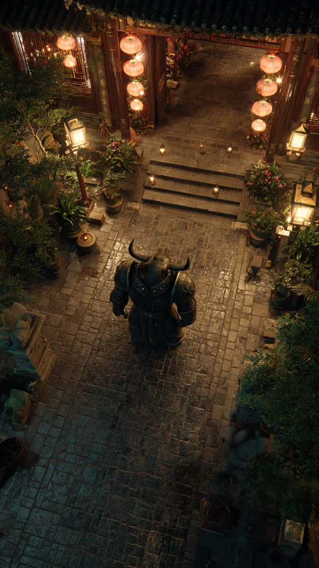 Chinese Monster Bull Head in Ancient Courtyard