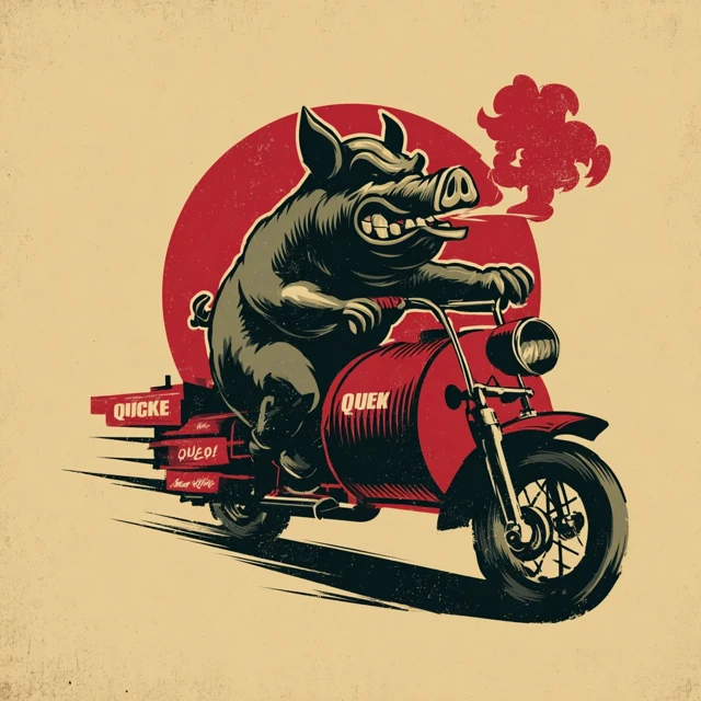 Quickie Que Grill Logo Pig Hog Riding Smoker