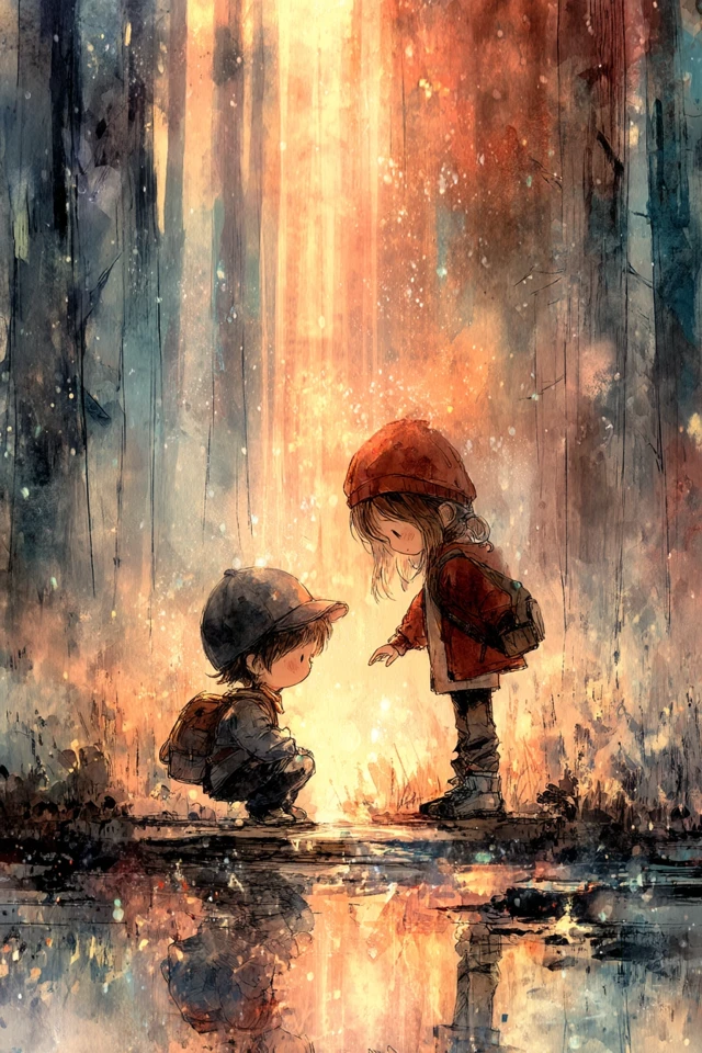 Anime Illustration Girl Helping Boy in Misty Forest