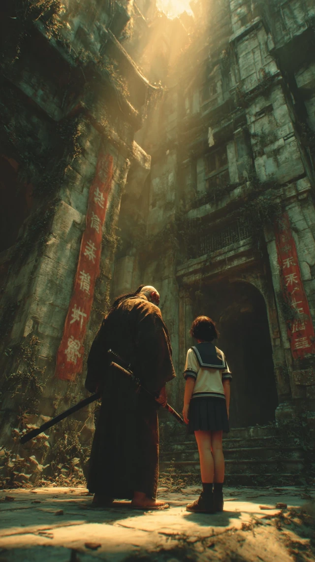 Japanese Schoolgirl and Ghost Hunter in Ancient Temple