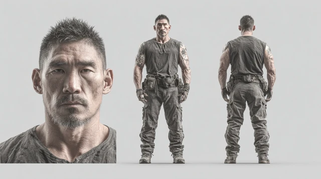 Asian Male Character Turnaround Sheet Photorealistic
