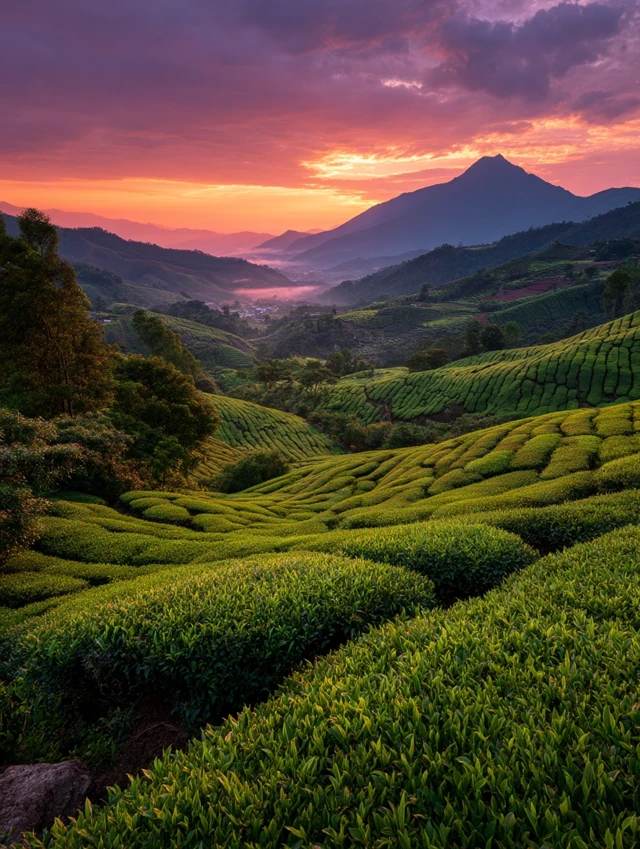 Tea Plantation Sunset Tranquil Landscape