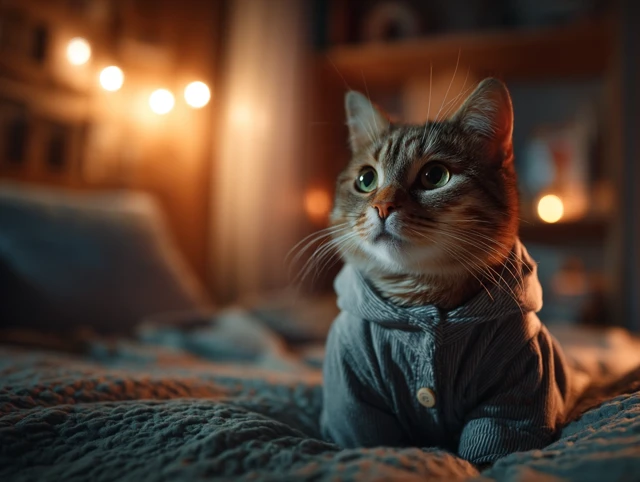 Cozy Cat in Pajamas Relaxing in a Bedroom