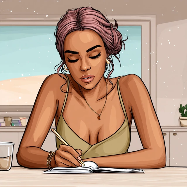 Dreamy Digital Illustration of Woman Writing in Notebook