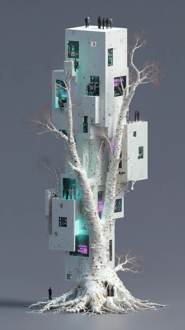 Glitch Tree Tower: Surreal 3D Digital Art