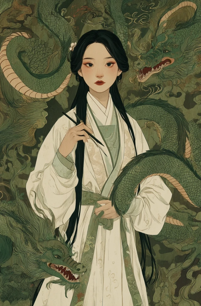 Ancient Beauty and Dragons Chinese Illustration