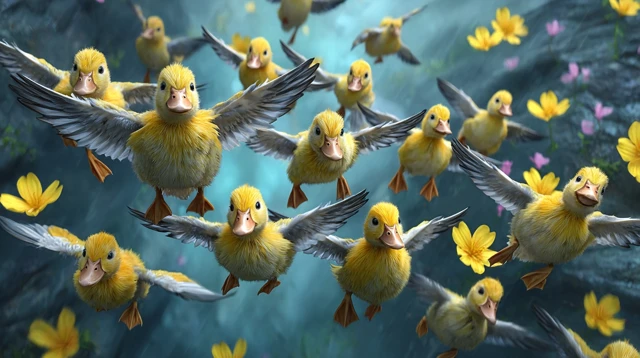 Yellow Ducks Flying Among Flowers - Photorealistic Image