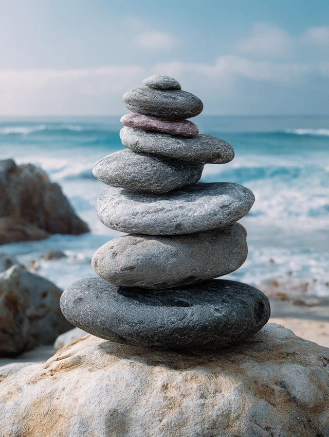 Zen Stone Tower on Beach Serene Coastal Landscape