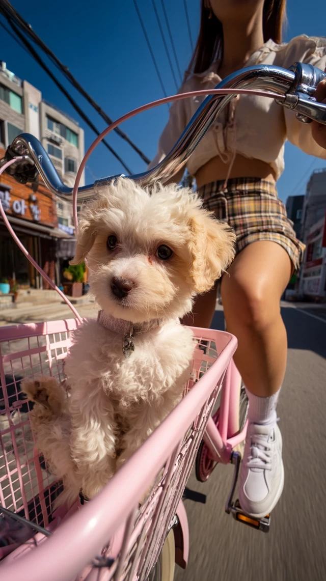 Maltipoo Puppy on a Pink Bicycle Ride in Korea