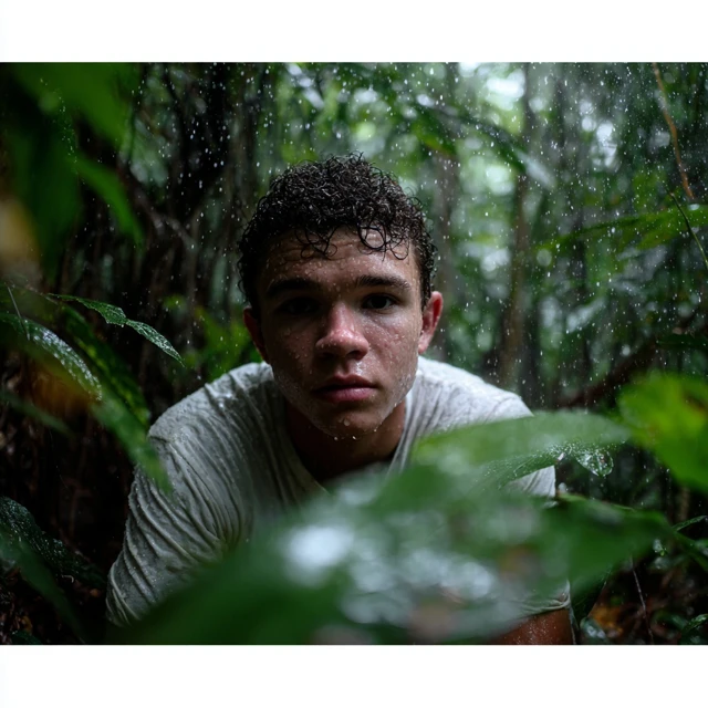 Rain Forest Portrait Man in Wet Shirt Hyperrealistic