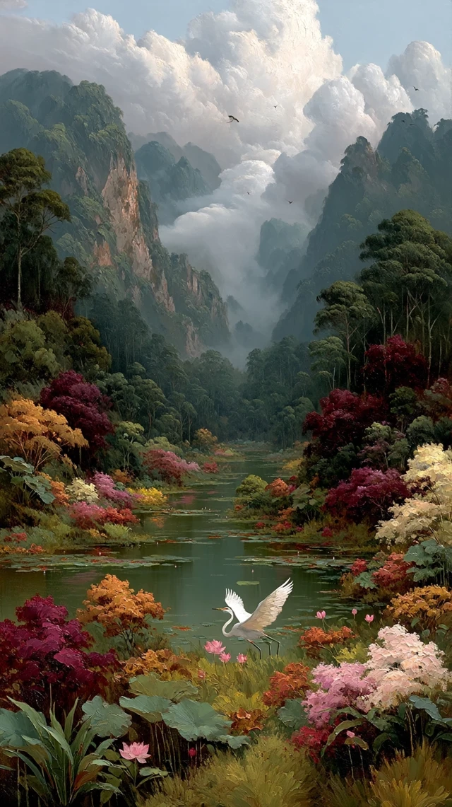 Majestic Eagle and Crane in Chinese Landscape Painting