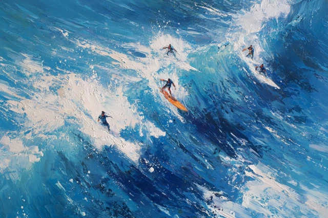 Surfers Riding Waves Abstract Ocean Painting
