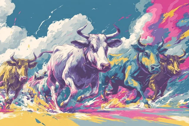 Colorful Cartoon Cows Running Abstract Illustration