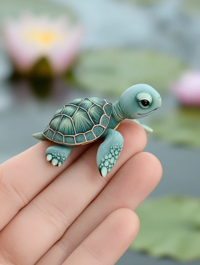 Miniature Baby Turtle Resting on Fingertip