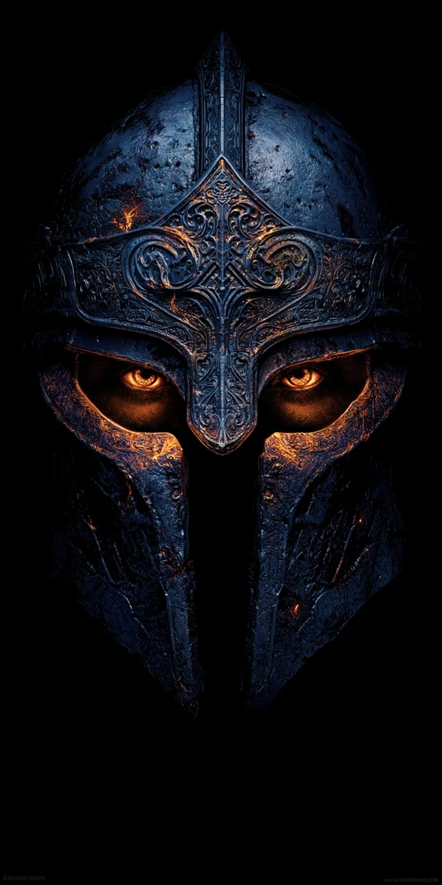 Dark Fantasy Helmet with Glowing Eyes Wallpaper