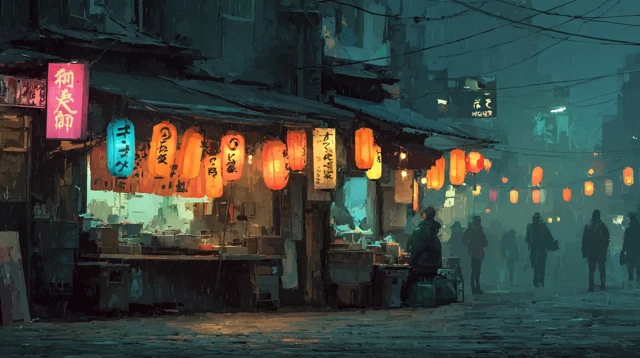 Cyberpunk Osaka Night Market Illustration